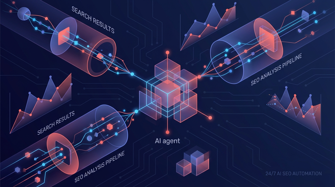 AI agent processing search results through SEO analysis pipelines — visualizing how OpenClaw automates keyword research, competitor analysis, and content gap detection in a 24/7 autonomous workflow